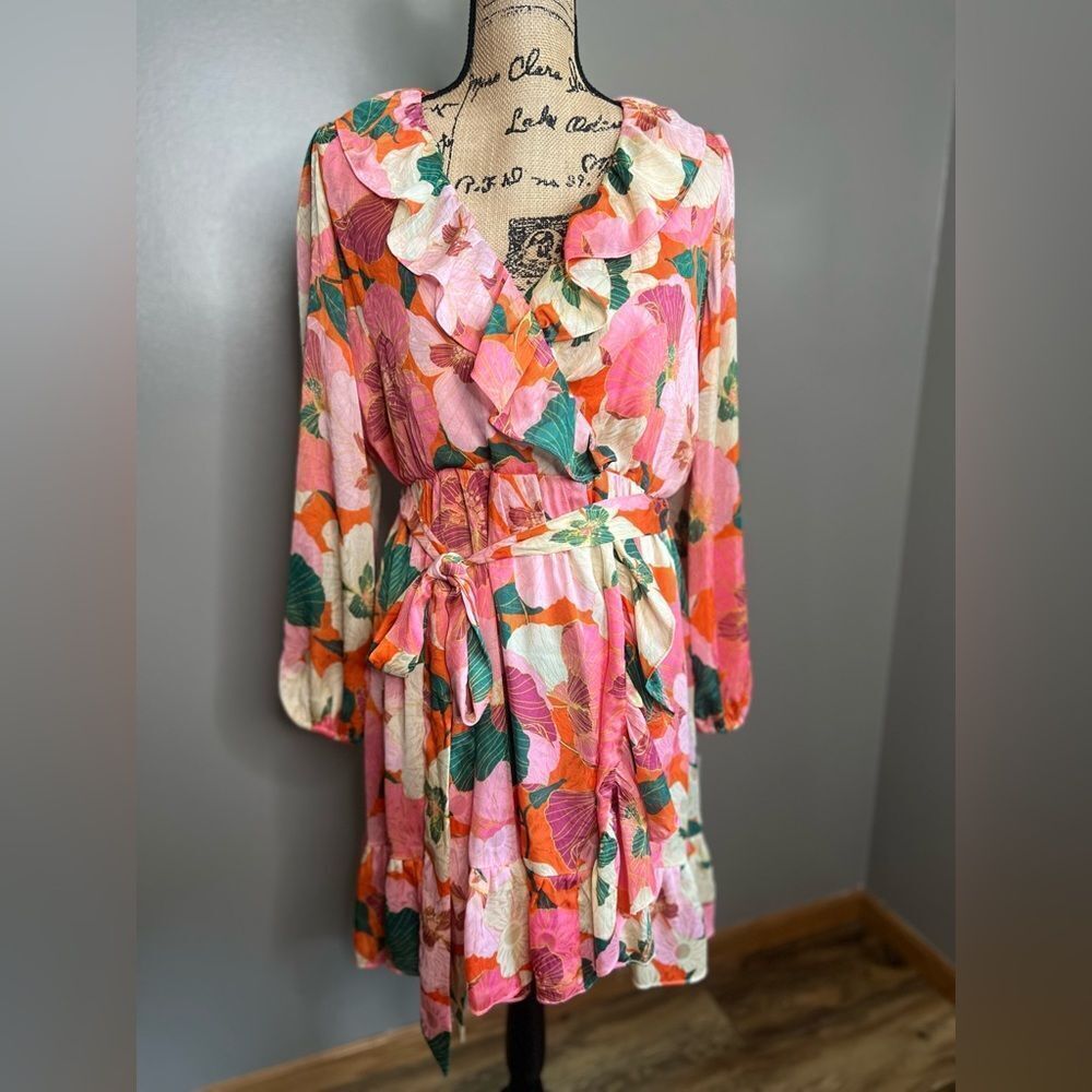Taylor faux‎ wrap satin floral dress semi long sleeve ruffle party feminine